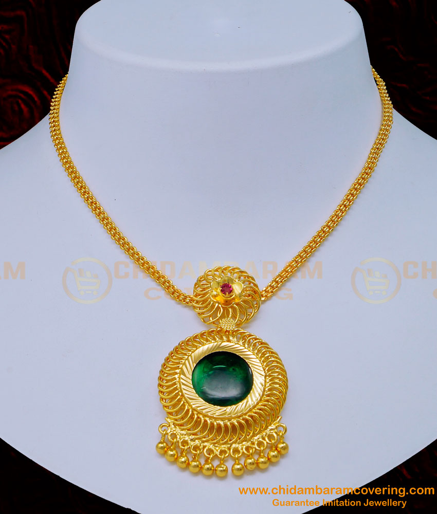 NLC1133 - Kerala Traditional Jewellery Pink Stone Simple Green Palakka Locket Necklace 
