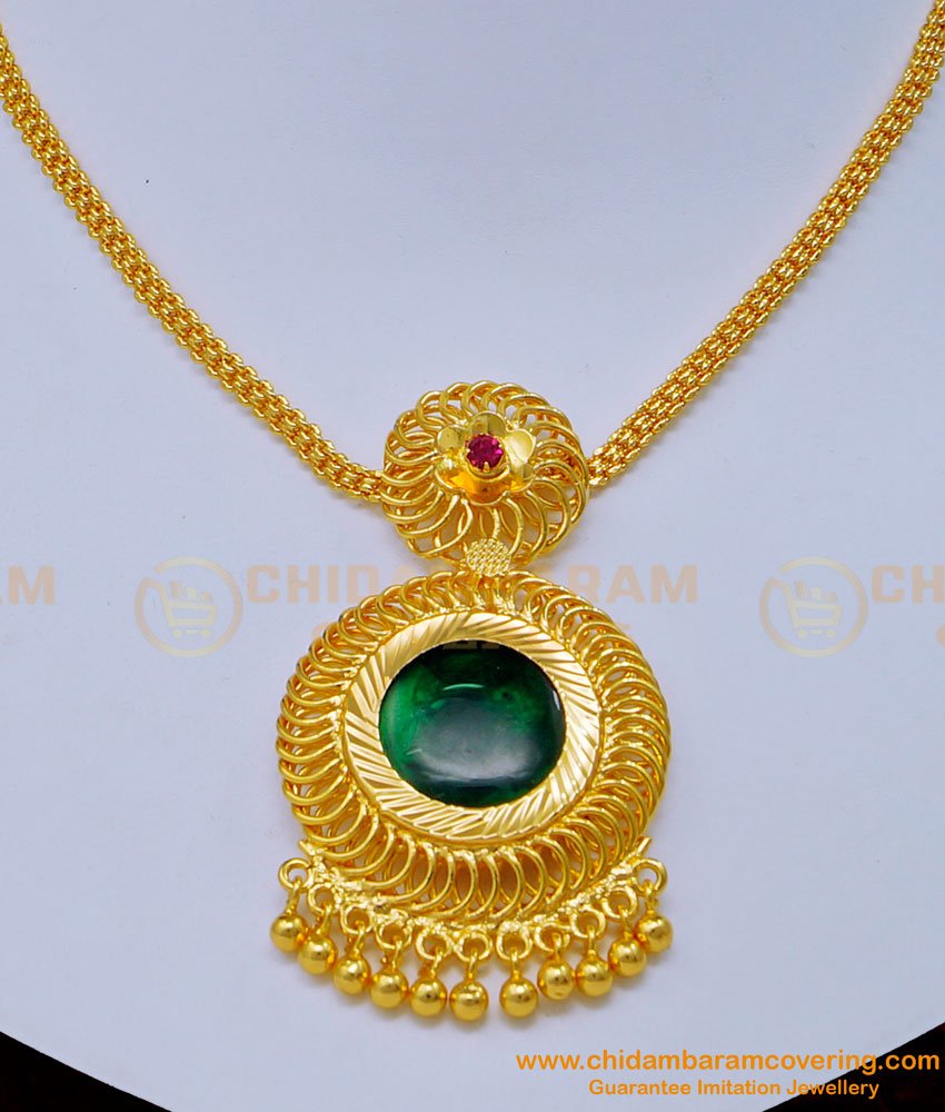 NLC1133 - Kerala Traditional Jewellery Pink Stone Simple Green Palakka Locket Necklace 