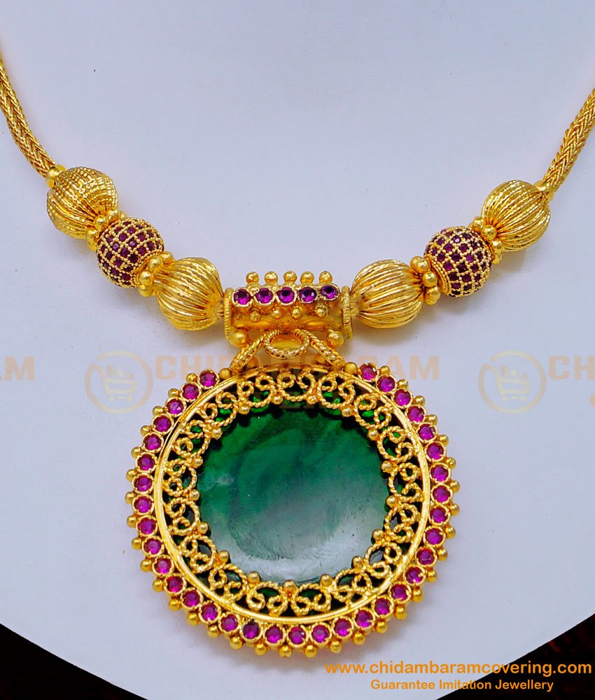NLC1138 - Latest Kerala Bridal Jewelry Ruby Stone Green Palakka Necklace Online Shopping