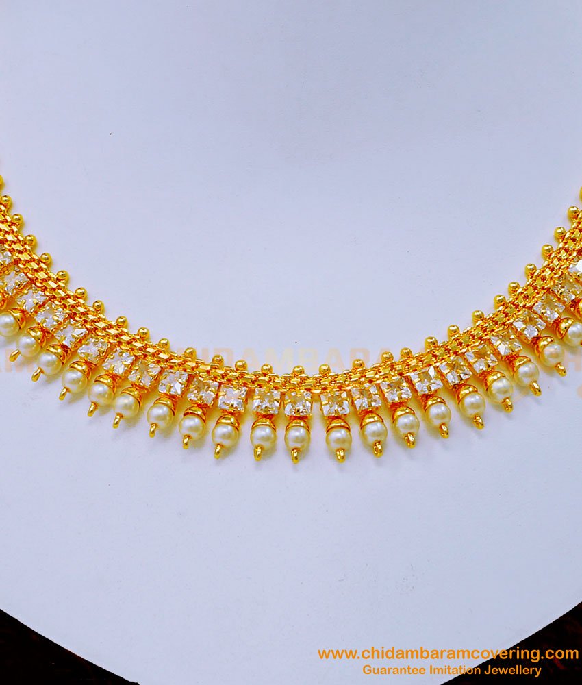 NLC1180 - Latest White Stone Pearl Necklace Designs for Wedding