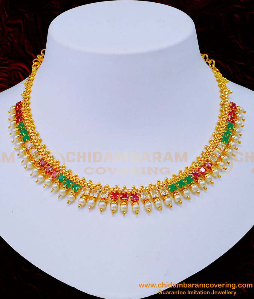 NLC1181 - American Diamond Pearl with Stone Necklace Designs 