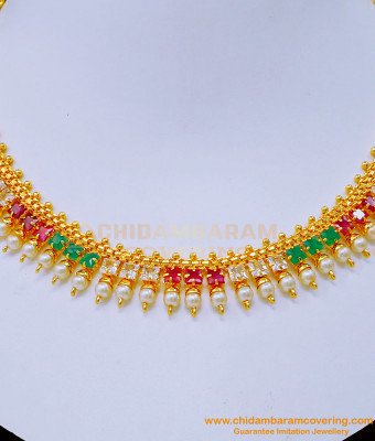 NLC1181 - American Diamond Pearl with Stone Necklace Designs 