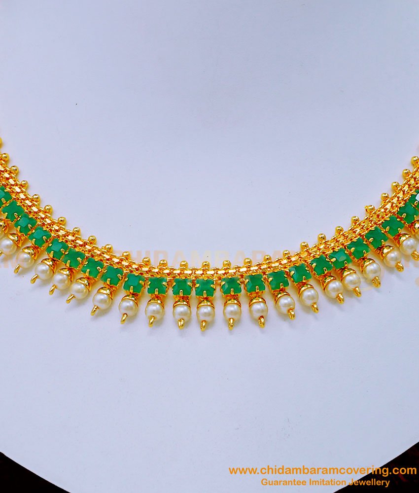 NLC1182 - Modern Pearl with Emerald Stone Necklace Designs for Wedding