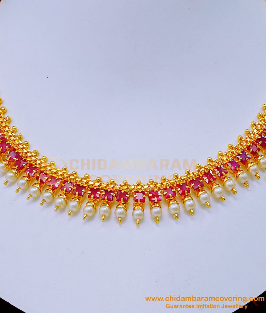 NLC1183 - Unique Pearl with Ruby Stone Gold Plated Necklace Designs 