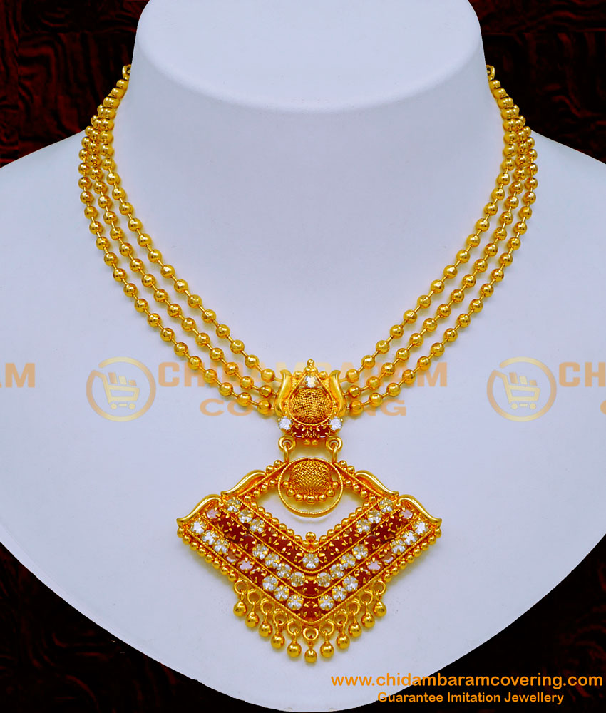 NLC1204 - Traditional 3 Line Gold Necklace Designs with Stone Pendant 