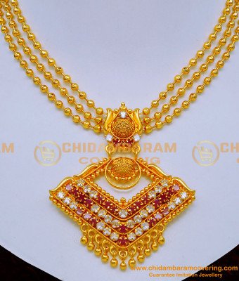 NLC1204 - Traditional 3 Line Gold Necklace Designs with Stone Pendant 