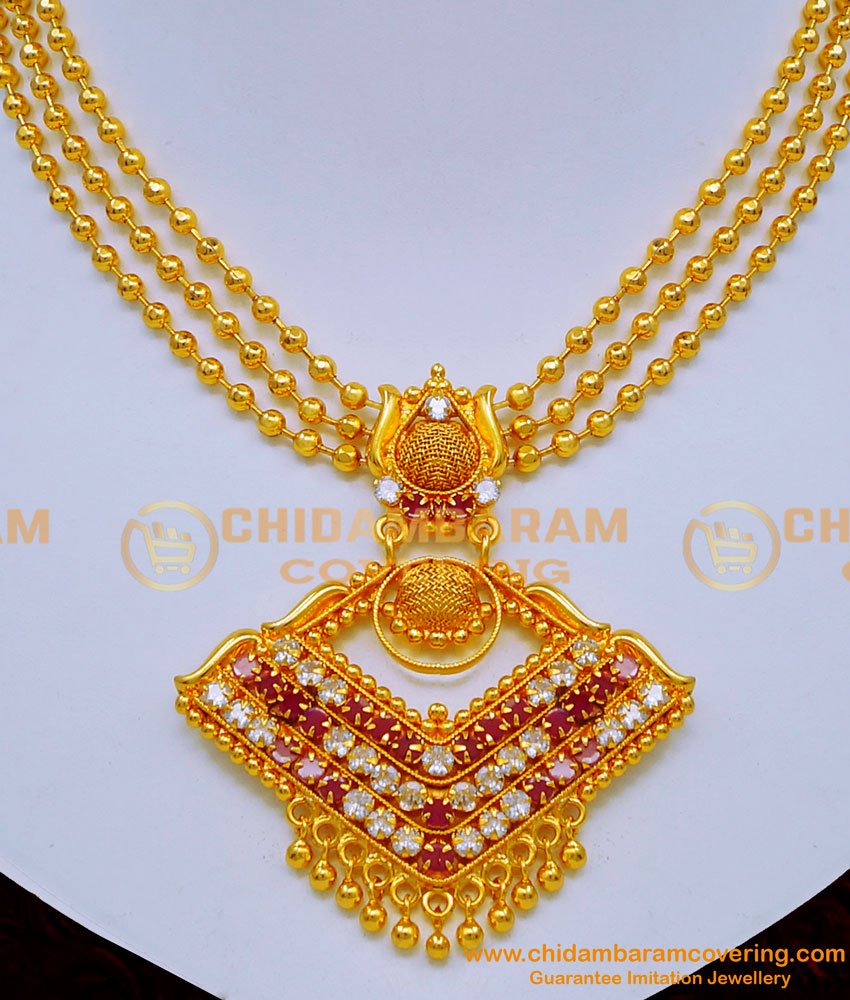 NLC1204 - Traditional 3 Line Gold Necklace Designs with Stone Pendant 