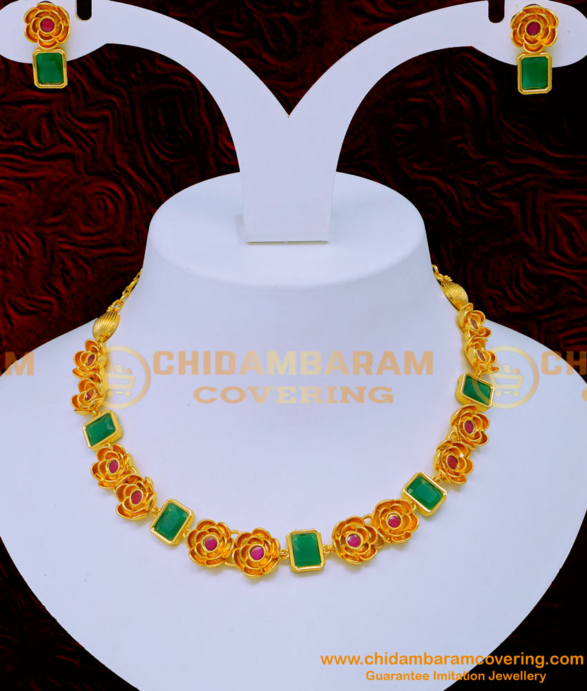 NLC1209 - Unique Party Wear Flower Design Stone Necklace Set