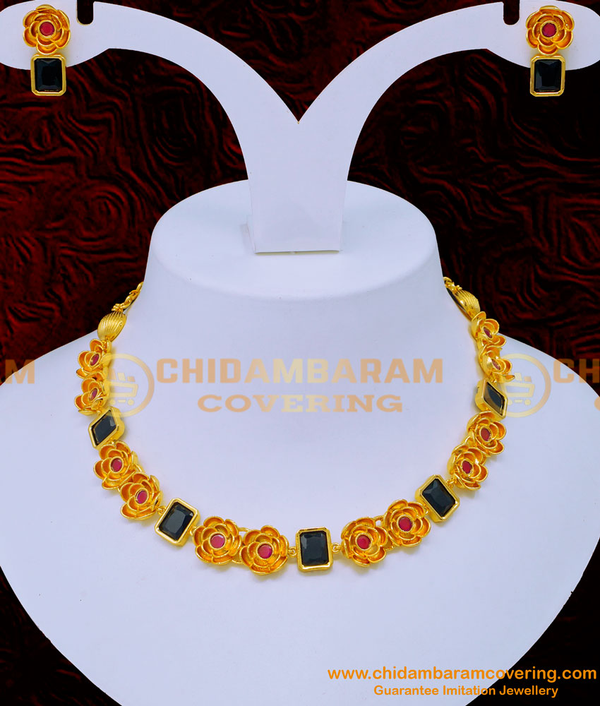 NLC1210 - Beautiful Black Stone Necklace Set 1 Gram Gold Plated Jewellery
