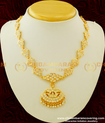 NLC256 - Impon Full White Ad Stone Flower Design Bridal Attigai Necklace Thick Metal Jewellery Online