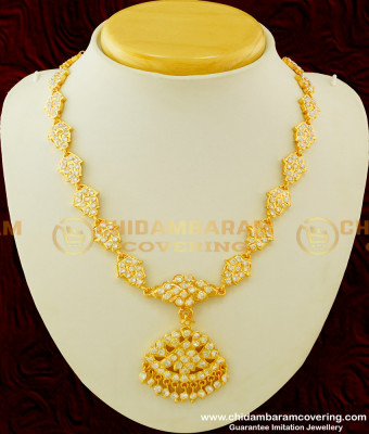 NLC257 - Bridal Wear Thick Metal Full White Stone Gold Design Impon Attigai Necklace for Wedding
