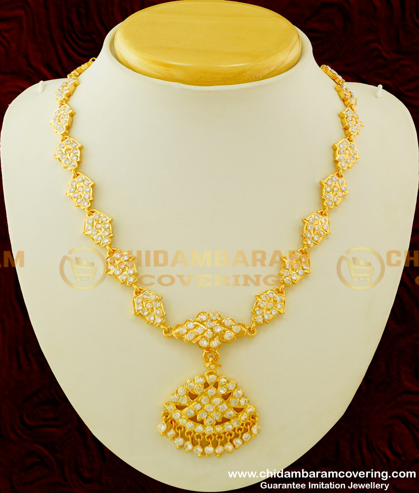 NLC257 - Bridal Wear Thick Metal Full White Stone Gold Design Impon Attigai Necklace for Wedding