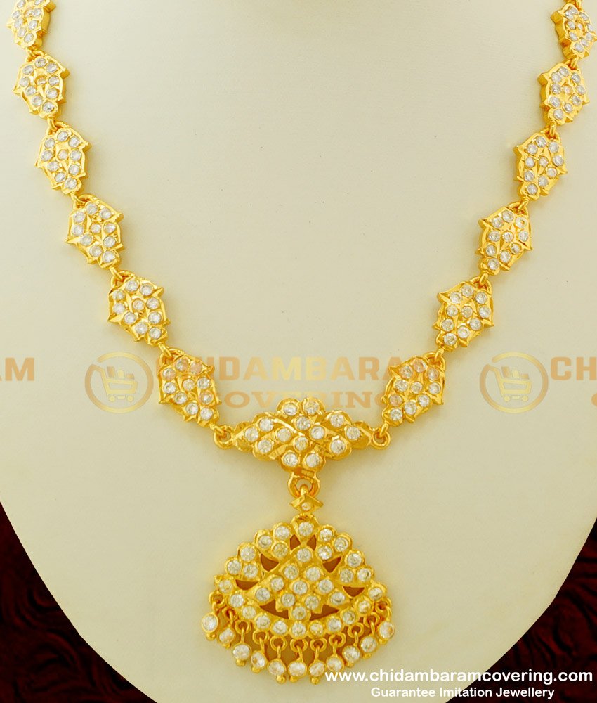 NLC257 - Bridal Wear Thick Metal Full White Stone Gold Design Impon Attigai Necklace for Wedding