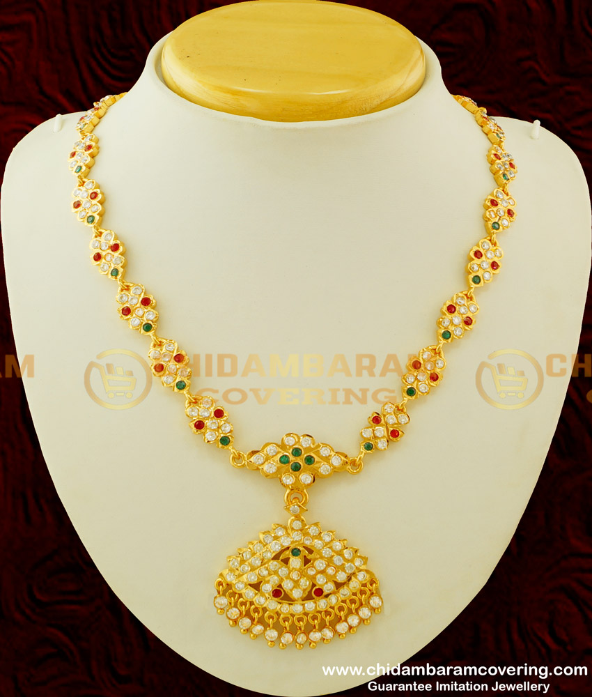 NLC258 - Beautiful First Quality Multi Stone Look Like Gold Design Impon Attigai Necklace Buy Online