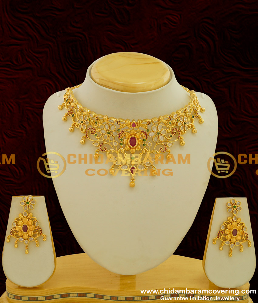 NLC259 - Uncut Diamond Style Choker Necklace with Earrings Set One Gram Gold Choker Necklace Buy Online