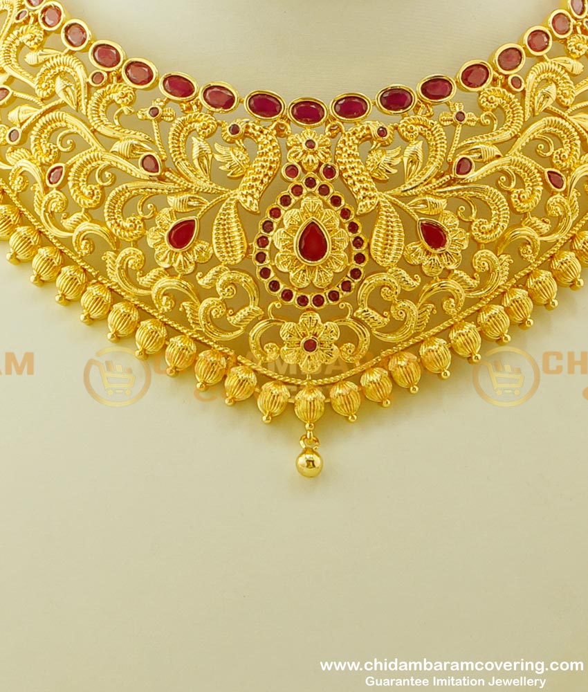 NLC260 - Bridal Wear Real Gold Style Ruby Stone Choker Necklace with Jhumkas Set One Gram Gold Choker for Wedding