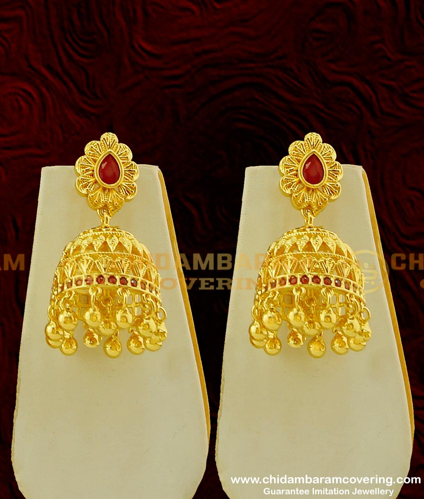 NLC260 - Bridal Wear Real Gold Style Ruby Stone Choker Necklace with Jhumkas Set One Gram Gold Choker for Wedding