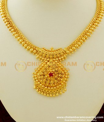 NLC272 - Ruby Stone Hanging Golden Beads One Gram Gold Necklace Design Online