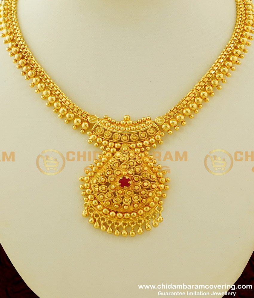 NLC272 - Ruby Stone Hanging Golden Beads One Gram Gold Necklace Design Online