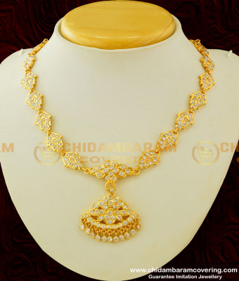 NLC296 - Buy Impon Full White Ad Stone Flower Design Bridal Attigai Necklace Thick Metal Jewellery Online