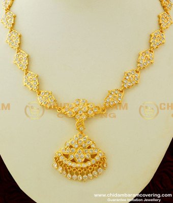 NLC296 - Buy Impon Full White Ad Stone Flower Design Bridal Attigai Necklace Thick Metal Jewellery Online