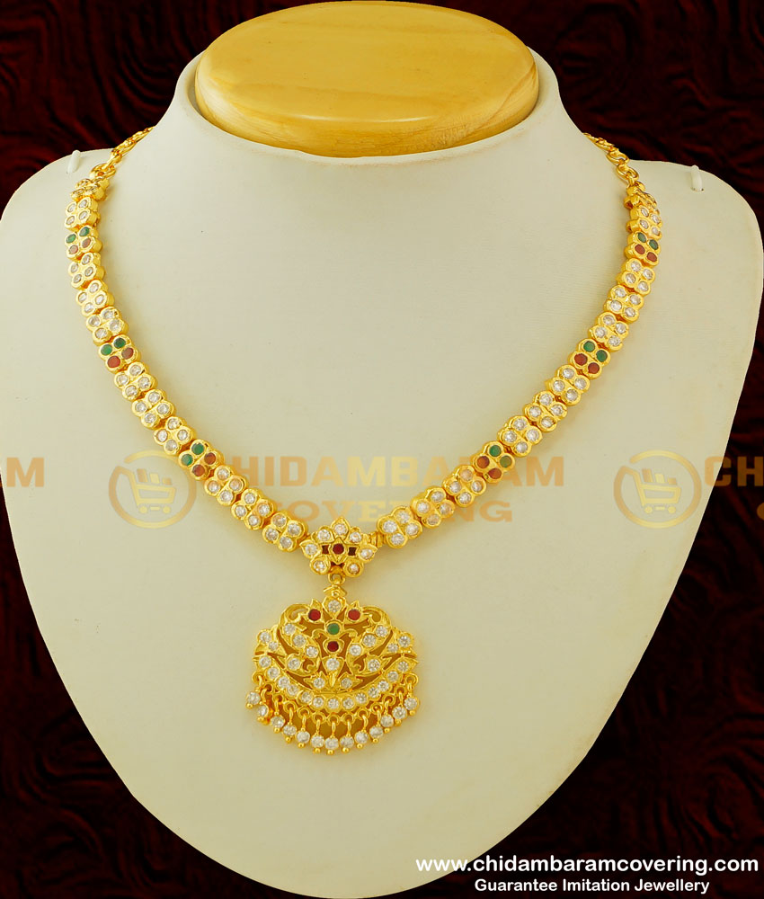 NLC297 - Unique First Quality Gold Finish Multi Stone Impon Flexible Attigai Necklace Buy Online
