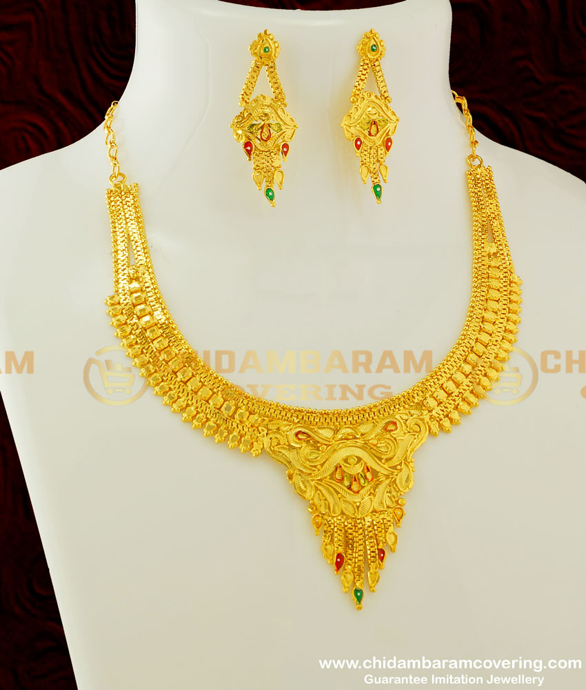 NLC299 - Unique Enamel Gold Necklace Design And Earring Set 1 Gram Gold Forming Jewellery Online