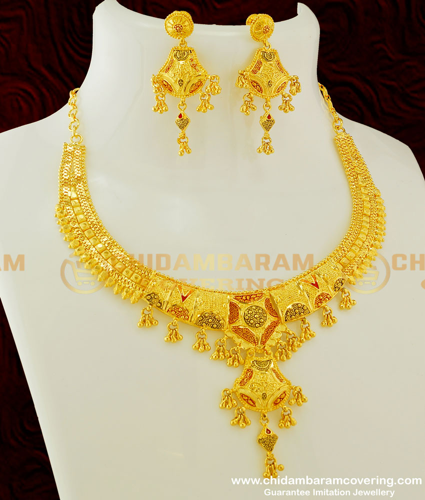 NLC300 - Grand Look Real Gold Design Bridal Wear Enamel Gold Forming Necklace Design and Earring Set Buy Online