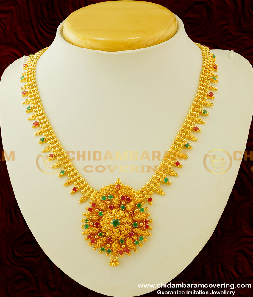 NLC303 - One Gram Gold Plated Semi Precious First Quality Ruby Emerald Stone Necklace for Women 