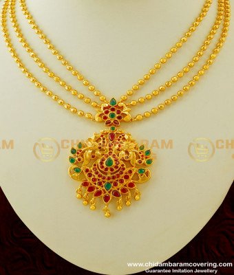 NLC307 - Gorgeous Three Layer Gold Necklace Design with Ruby Stone Peacock Design Pendant Necklace Online