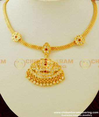 NLC309 - Thick Metal Lotus Design Stone Attigai Design Guarantee Impon Necklace Online