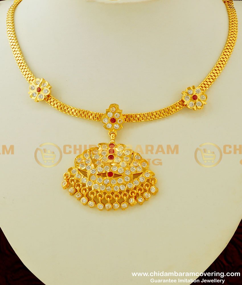 NLC309 - Thick Metal Lotus Design Stone Attigai Design Guarantee Impon Necklace Online