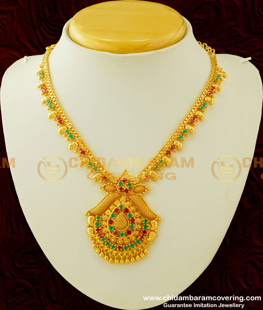 NLC313 - Grand Look High Quality Ruby Emerald Stone Dollar Necklace One Gram Jewellery Online