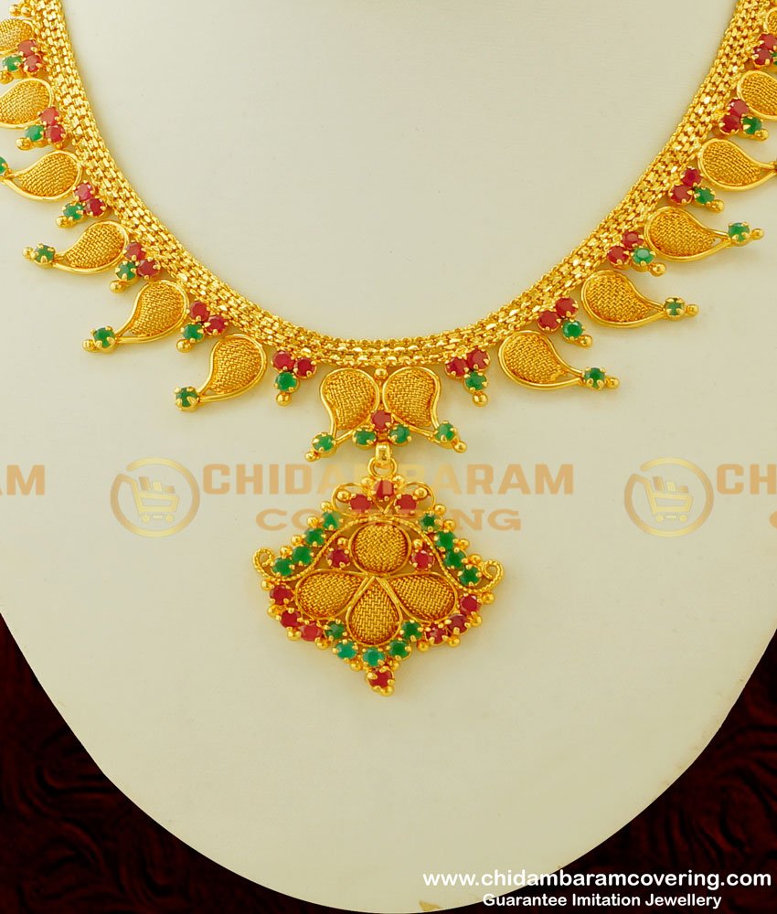 NLC325 - Unique Designer Ruby Emerald Mango Design Necklace Guarantee Necklace Online