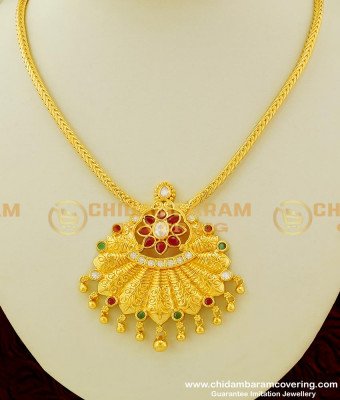 NLC344 - Latest Collection Chidambaram Covering Multi Stone Big Pendant with Roll Chain Necklace 