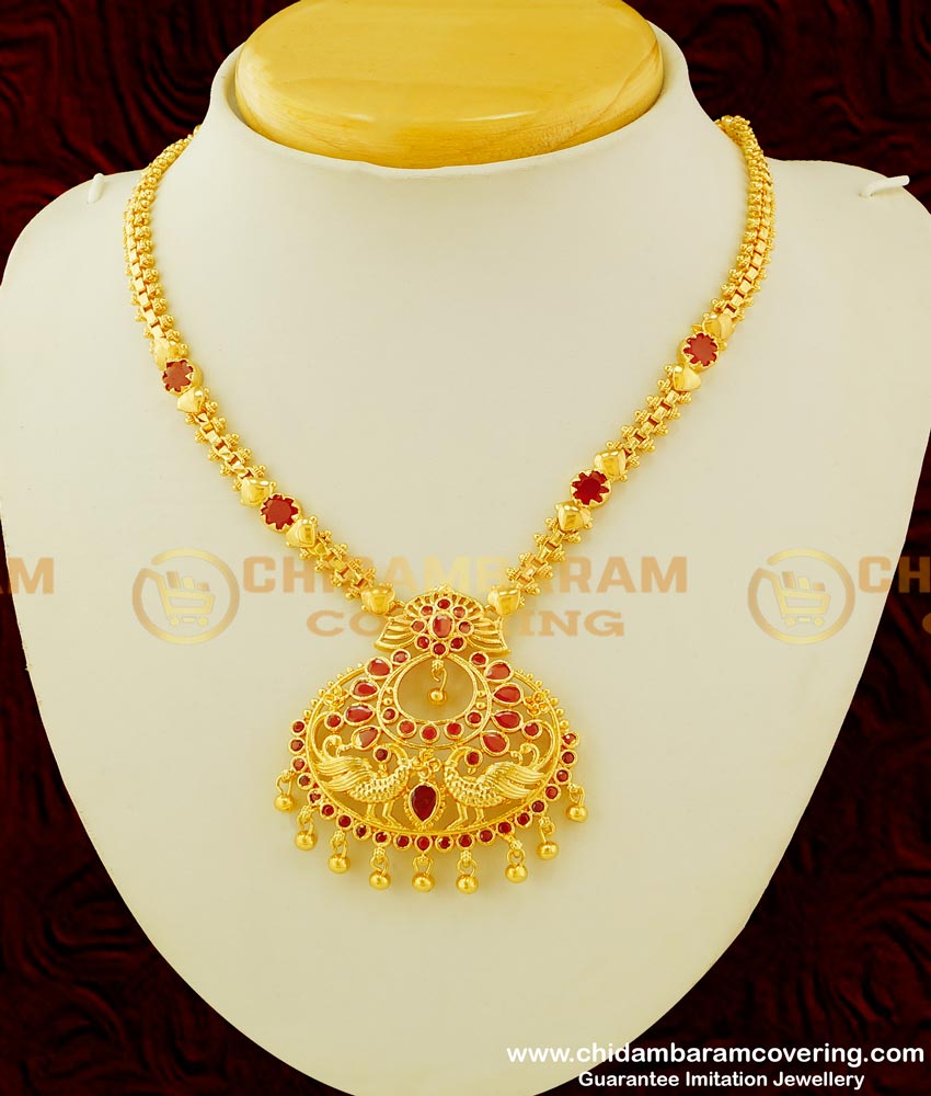 NLC345 - Trendy Indian Marriage Necklace Design Ruby Stone Peacock Dollar Gold Covering Necklace Online