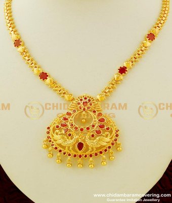 NLC345 - Trendy Indian Marriage Necklace Design Ruby Stone Peacock Dollar Gold Covering Necklace Online