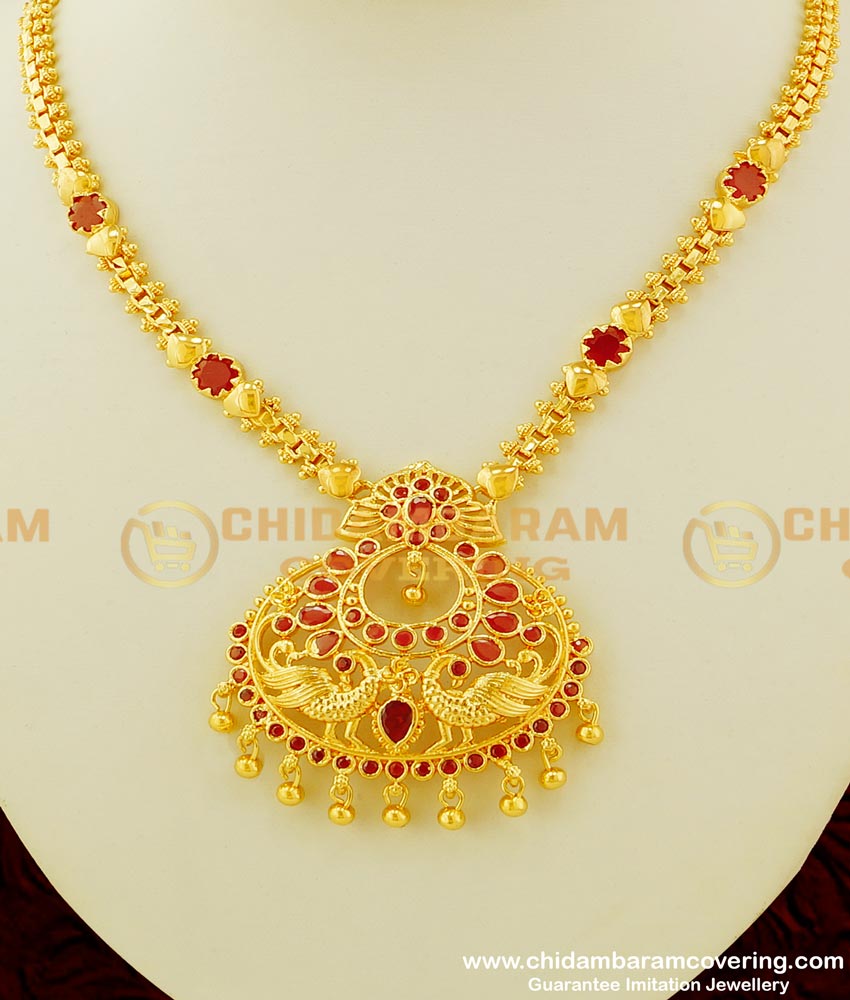 NLC345 - Trendy Indian Marriage Necklace Design Ruby Stone Peacock Dollar Gold Covering Necklace Online