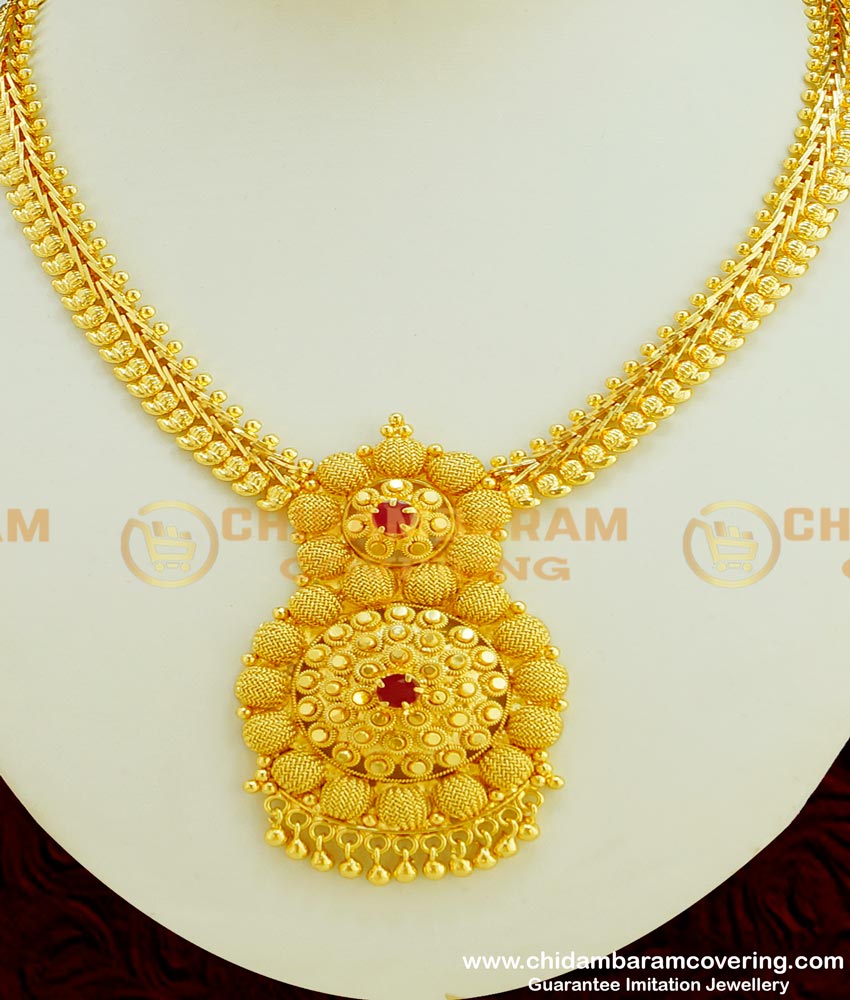 NLC349 - Trendy Ruby Stone Gold Design Flower with Full Mango Necklace Designs