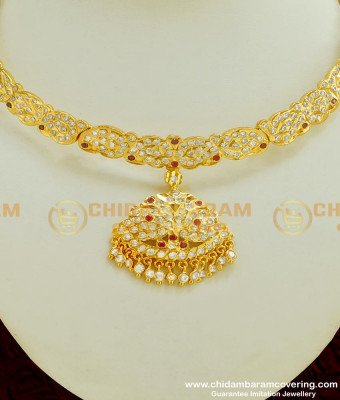 NLC374 - Getti Metal Gold Attigai Full Mango Design with Double Side Swan Stone Attigai Necklace