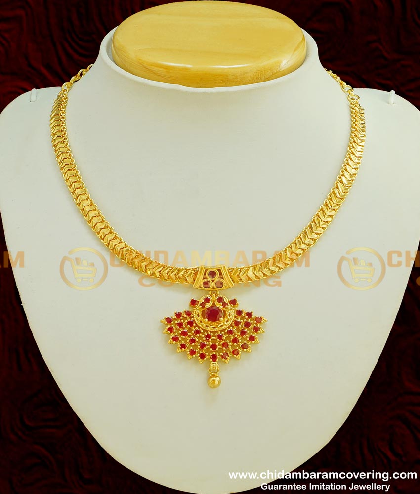 NLC376 - Latest Model Ruby Stone Dollar Attigai Necklace Handmade South Indian Imitation Jewellery 