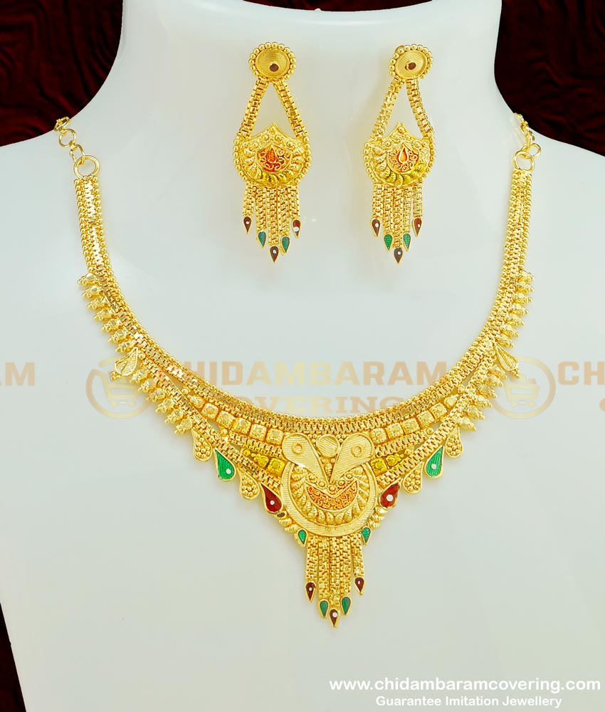 NLC380 - New Enamel Forming 2 Gram Gold Plated Necklace Design with Earring Combo Set Online