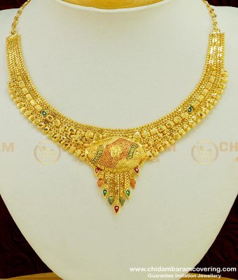 NLC385 - Attractive New Enamel Forming Gold 2 Gram Gold Plated Necklace Design with Earring Combo Set Collection 