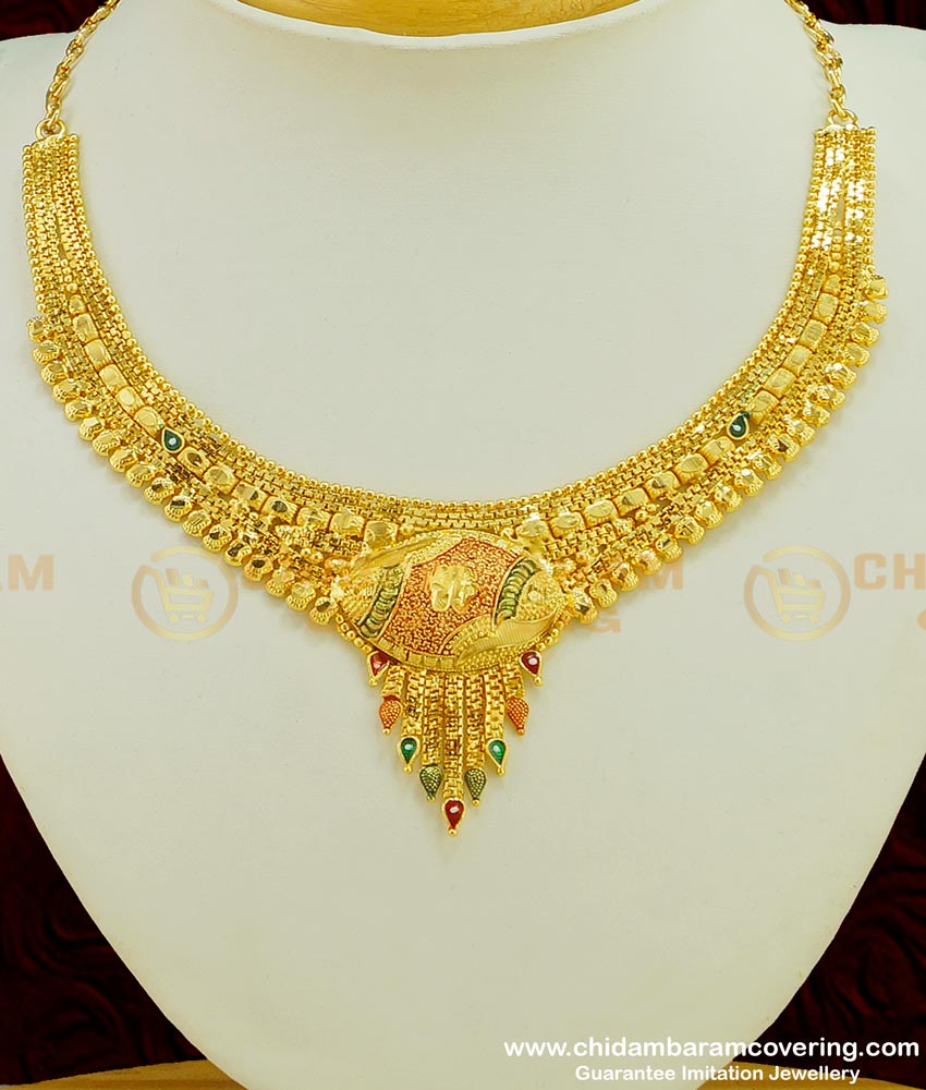NLC385 - Attractive New Enamel Forming Gold 2 Gram Gold Plated Necklace Design with Earring Combo Set Collection 