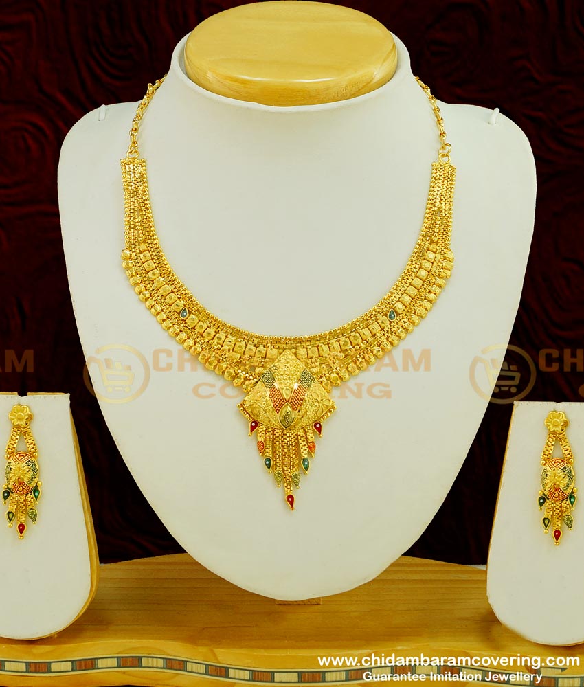 NLC386 - Wedding Were Gold Necklace Design with Earring Gold Forming Necklace Set Collection at Lowest Price Online 