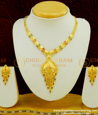 NLC387 - Latest Party Wear Gold Forming Jewellery Multi Colour Stone Work Necklace Set 