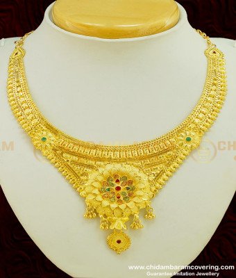 NLC388 - Real Gold Necklace Model Elegant Finish Flower Design Forming Broad Necklace with Earring Imitation Jewelry Online 