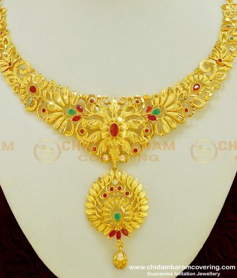 NLC389 - Exclusive Gold Forming Heavy Stone Grand Wedding Choker Type Necklace With Earring Bridal Combo Set Online 