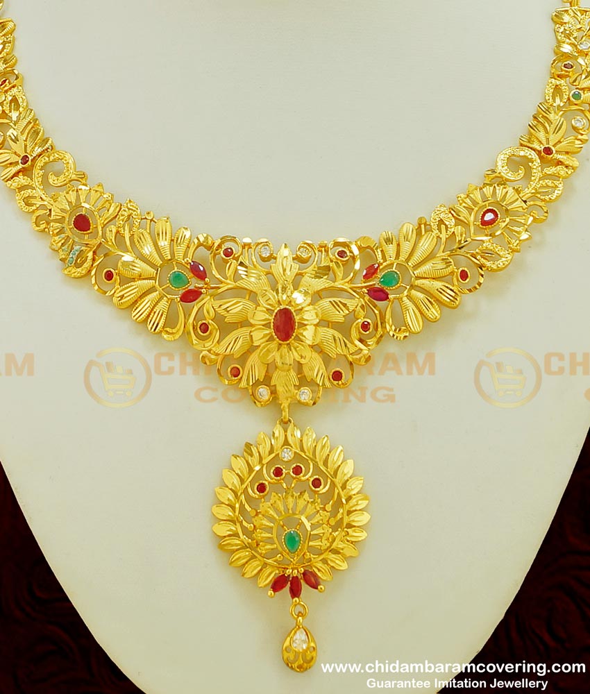 NLC389 - Exclusive Gold Forming Heavy Stone Grand Wedding Choker Type Necklace With Earring Bridal Combo Set Online 