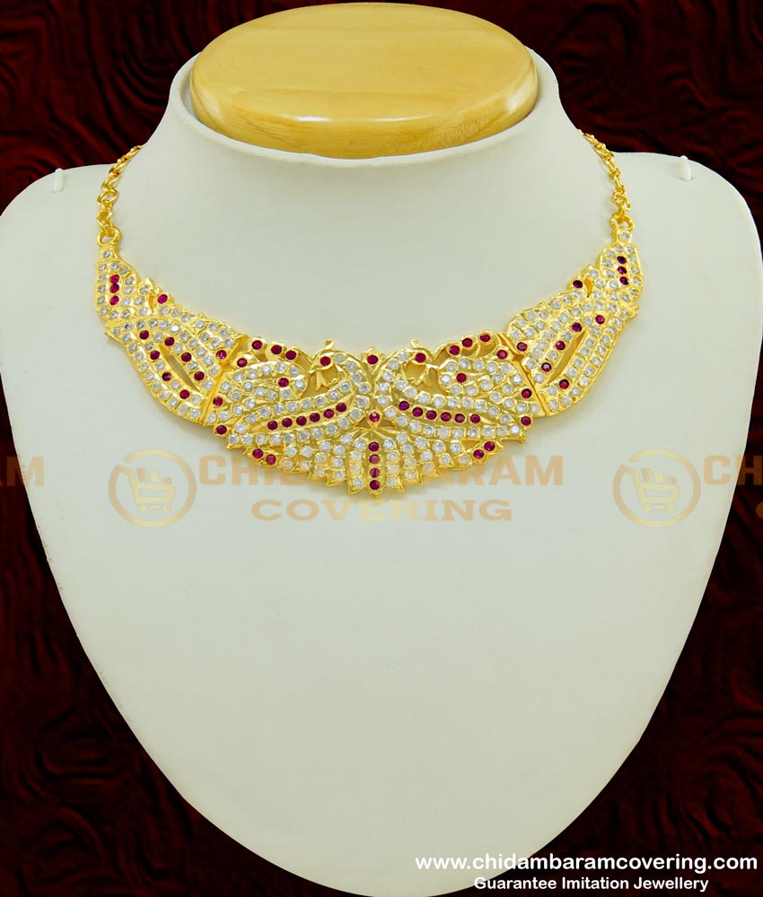 NLC400 - Attractive Impon Pink and White Stone Peacock Design Choker Necklace Imitation Jewellery Wedding Collection
